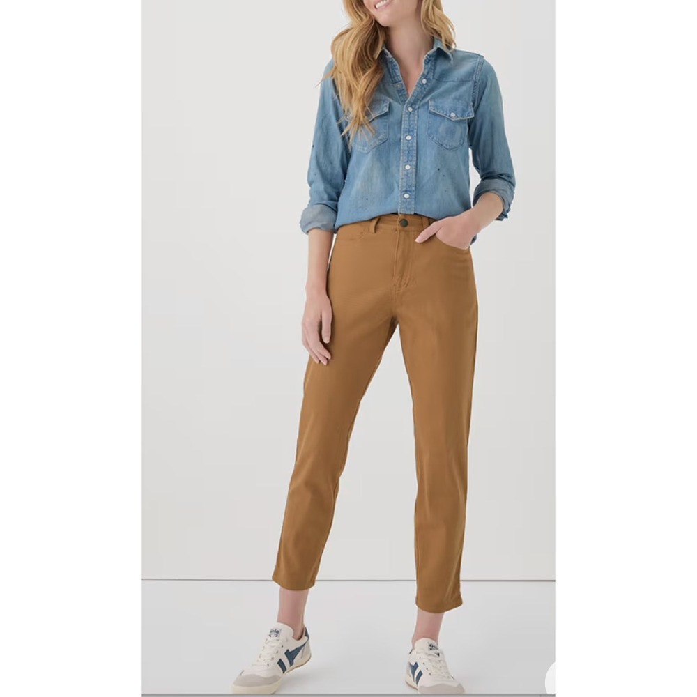 PACT Organic Twill Denim Slim Pant Women Sz S (26x25) Camel Crop Organic Cotton
